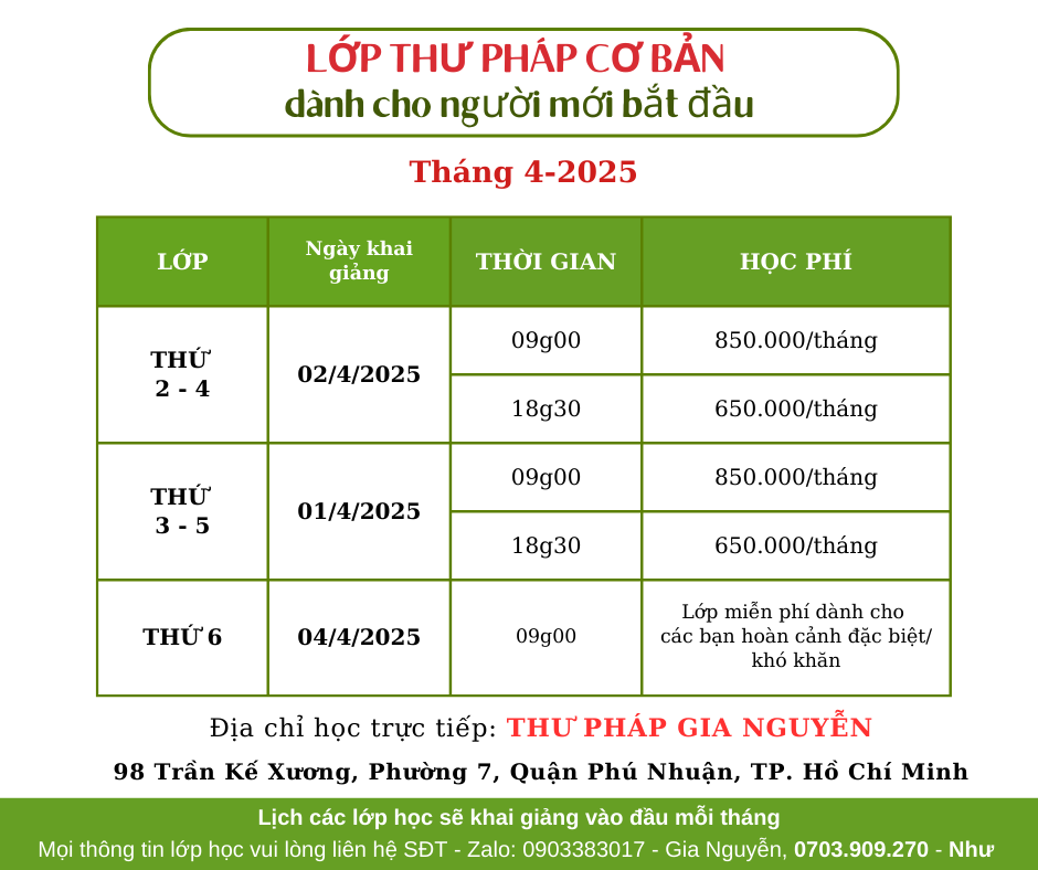 LỊCH KHAI GIẢNG LỚP THƯ PHÁP THÁNG 4 – THƯ PHÁP GIA NGUYỄN 