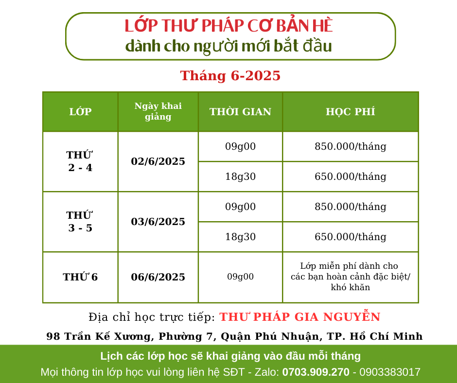 LỚP THƯ PHÁP HÈ THÁNG 6.2025