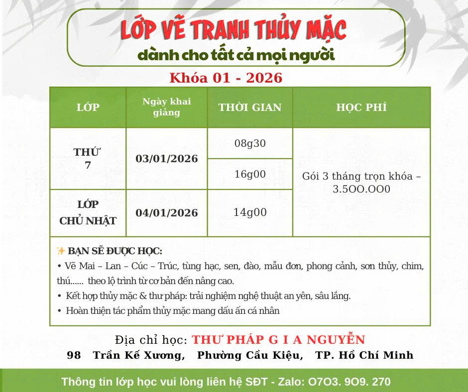 LỚP HỌC VẼ TRANH THỦY MẶC  THÁNG 01/2026