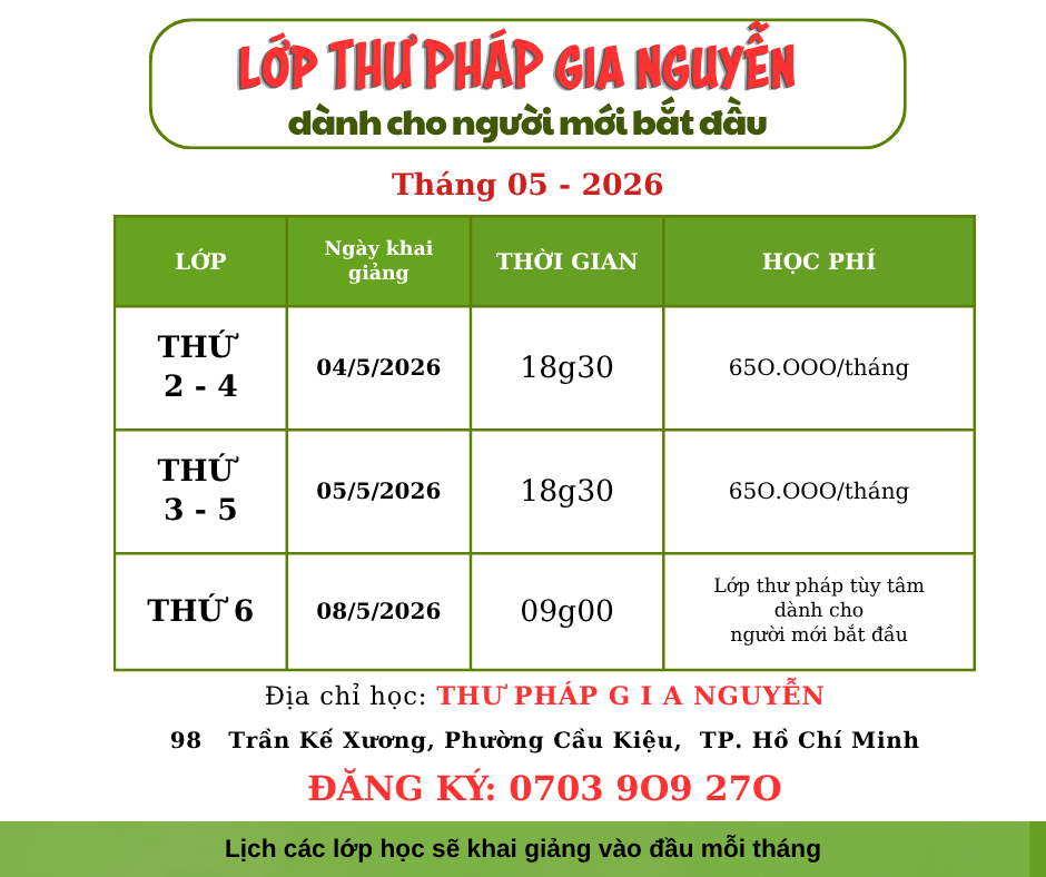 TUYỂN SINH LỚP HỌC THƯ PHÁP THÁNG 5/2026