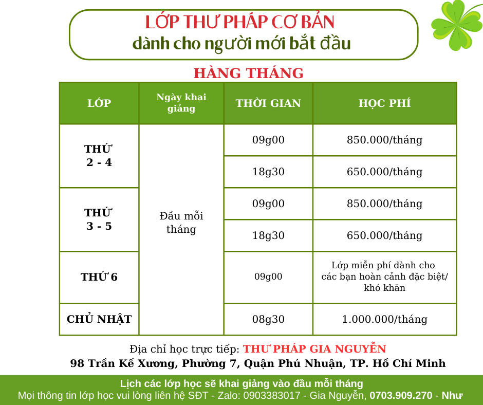 LỊCH HỌC LỚP THƯ PHÁP