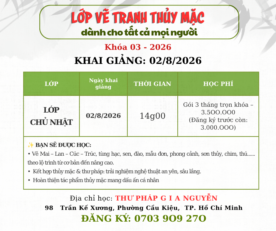 LỚP VẼ TRANH THỦY MẶC DÀNH CHO NGƯỜI MỚI BẮT ĐẦU 08/2026